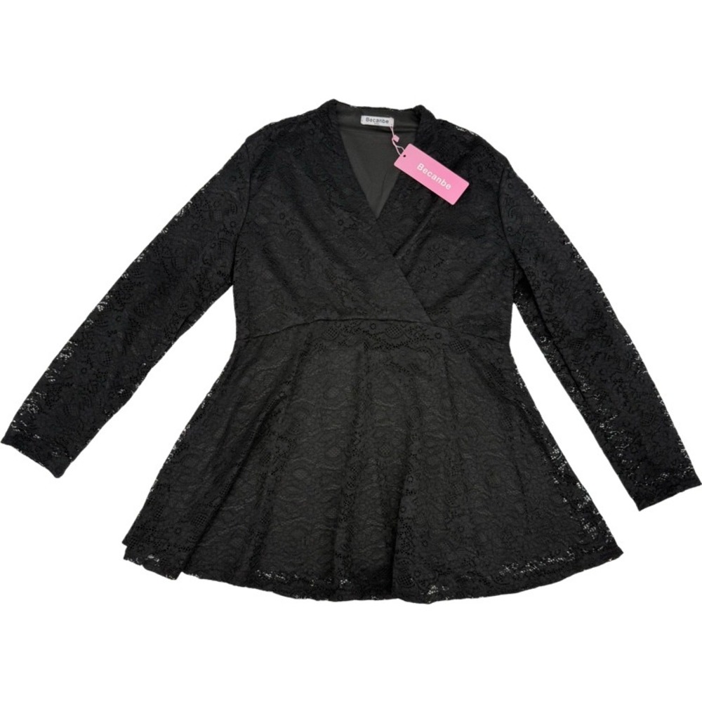 BECANBE NEW XXL Peplum Top Black Floral Lace Wrap Neck Long Sleeve Goth Romantic